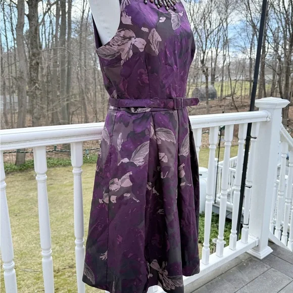 Eliza J embellished neck purple jacquard fit and flare belted dress - Picture 4 of 10